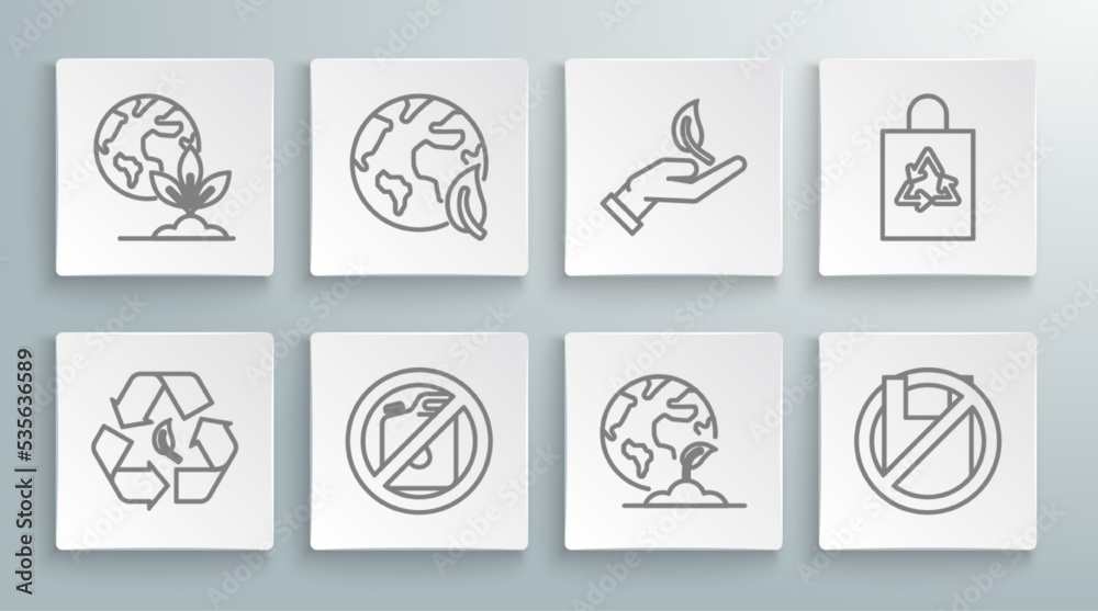 Set line Recycle symbol and leaf, Earth globe, No canister for gasoline, plant, Say no to plastic bags poster, Sprout hand of environmental protection, Plastic with recycle and icon. Vector Set line Recycle symbol and leaf, Earth globe, No canister for gasoline, plant, Say no to plastic bags poster, Sprout hand of environmental protection, Plastic with recycle and icon. Vector