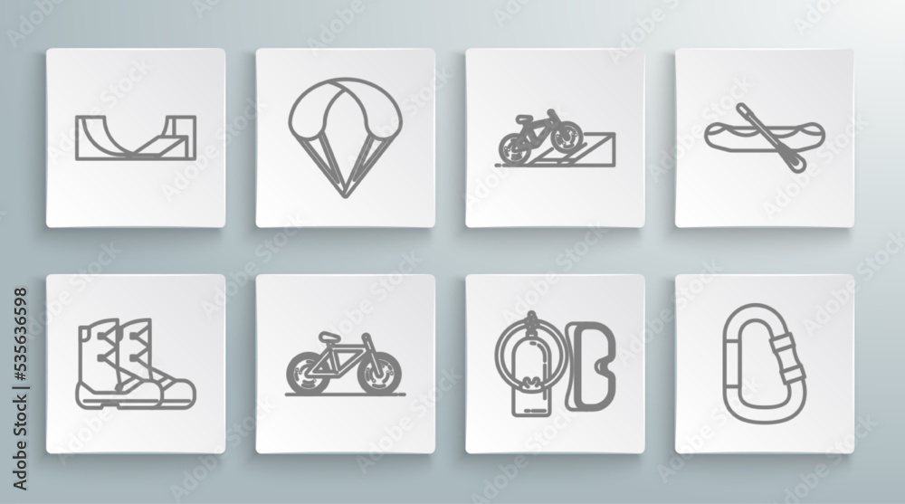 Set line Boots, Parachute, Bicycle, Diving mask and aqualung, Carabiner, on street ramp, Rafting boat and Skate park icon. Vector Set line Boots, Parachute, Bicycle, Diving mask and aqualung, Carabiner, on street ramp, Rafting boat and Skate park icon. Vector
