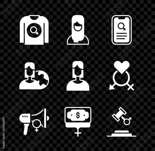 Set Feminist shirt, Muslim woman hijab, Dating app, activist, Money growth, Female rights, Women from different countries and icon. Vector