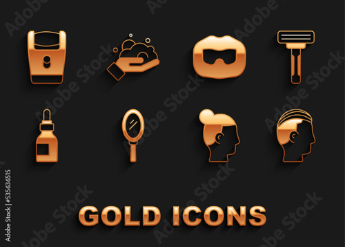 Set Hand mirror, Shaving razor, Hairstyle for men, Oil bottle, Mustache beard, Electric blade and foam on hand icon. Vector