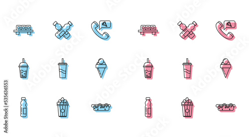 Set line Bottle of water  Popcorn in cardboard box  Sushi on cutting  Hotdog sandwich with mustard  Paper glass drinking straw  Ice cream waffle cone  Glass lemonade and Crossed bottle icon. Vector