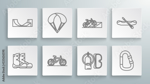 Set line Boots, Parachute, Bicycle, Diving mask and aqualung, Carabiner, on street ramp, Rafting boat and Skate park icon. Vector