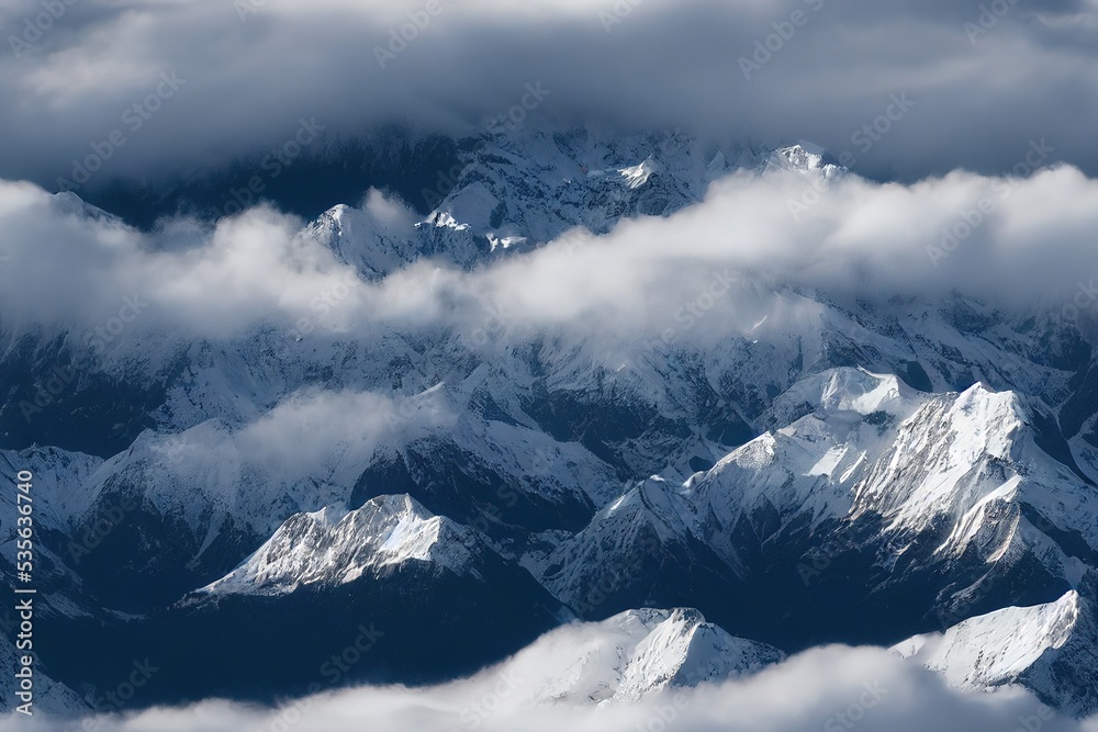 Clouds Over Himalaya Mountains View From Flight. Aerial drone footage over  Alps. Massive rocky peaks covered with snow. Dramatic moving clouds  covering hill landscape. High altitude summer tourism. Photos | Adobe Stock