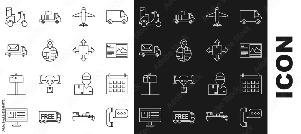 Set line Telephone with speech bubble chat, Calendar, Postcard, Plane, truck, Scooter delivery and Cardboard box traffic symbol icon. Vector Set line Telephone with speech bubble chat, Calendar, Postcard, Plane, truck, Scooter delivery and Cardboard box traffic symbol icon. Vector