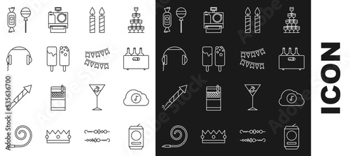 Set line Beer can, Music streaming service, Bottles of wine wooden box, Birthday cake candles, Ice cream, Headphones, Lollipop and Carnival garland with flags icon. Vector
