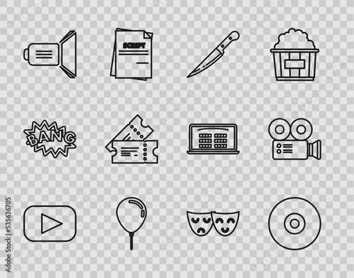 Set line Play, CD or DVD disk, Knife, Balloon with ribbon, Movie spotlight, Cinema ticket, Comedy and tragedy theatrical masks and camera icon. Vector