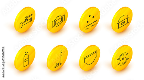 Set line Wind rose, Swimming trunks, Snorkel, Aqualung, Case box container for wobbler, Cold and waves, Diving watch and Industry metallic pipes valve icon. Vector