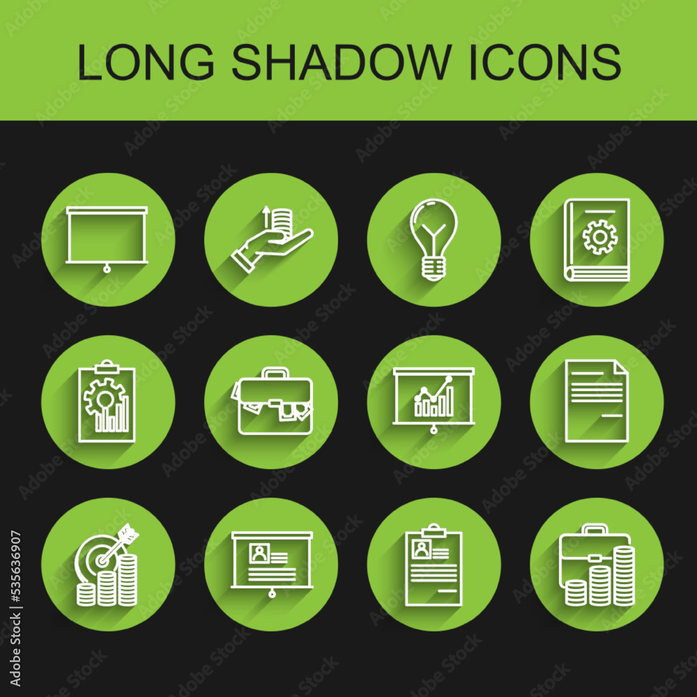 Set line Target with coin symbol, Board resume, Chalkboard, Clipboard, Briefcase and, money, Document and graph chart icon. Vector Set line Target with coin symbol, Board resume, Chalkboard, Clipboard, Briefcase and, money, Document and graph chart icon. Vector
