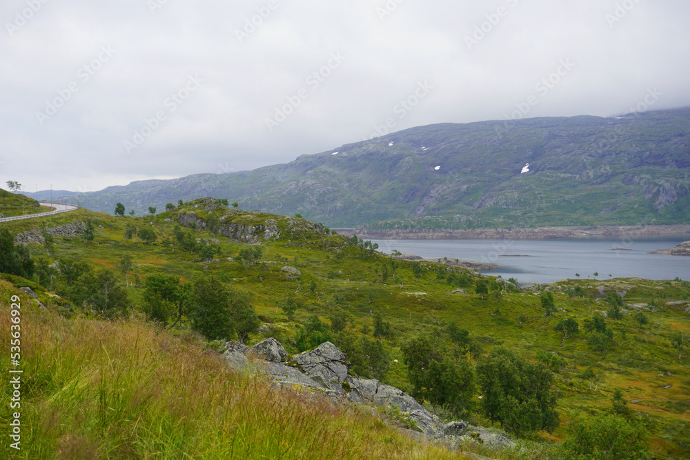 Die wunderschöne Landschaft entlang der alten Haukelivegen Touristenstraße in Norwegen an einem etwas nebligen Tag im Sommer