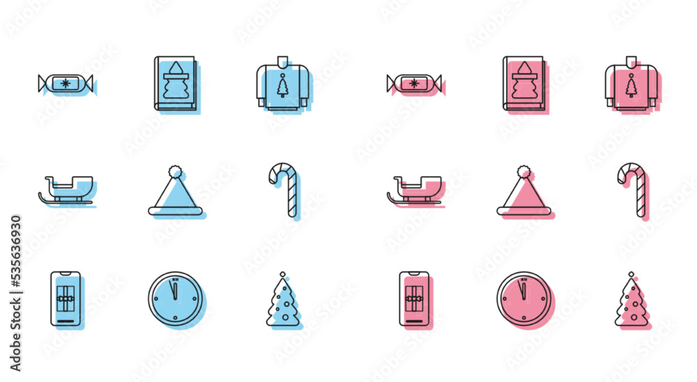 Set line Smartphone with gift box, Clock, Candy, Christmas tree decorations, Santa Claus hat, candy cane stripes, santa claus sleigh and book icon. Vector Set line Smartphone with gift box, Clock, Candy, Christmas tree decorations, Santa Claus hat, candy cane stripes, santa claus sleigh and book icon. Vector