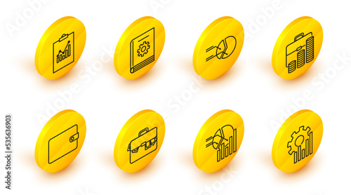 Set line Pie chart infographic, Briefcase and money, Wallet, coin, User manual and Clipboard with icon. Vector