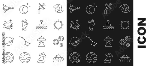 Set line UFO flying spaceship, Planet, Sun, Radar, Vulcan salute, Ray gun and Mars rover icon. Vector