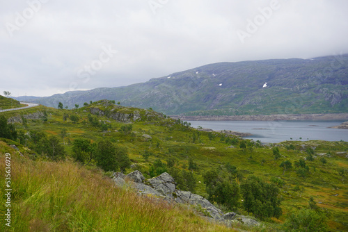 Die wunderschöne Landschaft entlang der alten Haukelivegen Touristenstraße in Norwegen an einem etwas nebligen Tag im Sommer