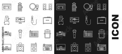Set line DJ remote for playing and mixing music, Guitar pedal, amplifier, Microphone, Sound audio recorder monitor, Metronome with pendulum motion, VHS video cassette tape and Audio jack icon. Vector