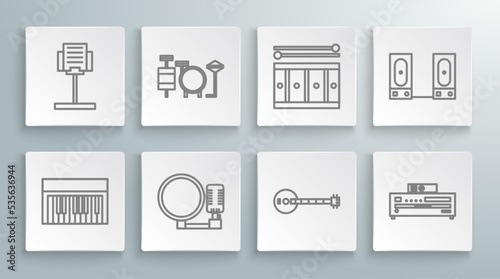 Set line Music synthesizer, Drums, Microphone, Banjo, CD player, with drum sticks, Stereo speaker and stand icon. Vector