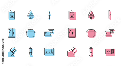 Set line Knife, Pepper, Cookbook, Microwave oven, Cooking pot, Kitchen meat grinder, Refrigerator and Ball tea strainer icon. Vector