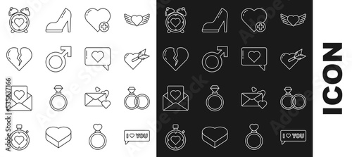 Set line Speech bubble with I love you, Wedding rings, Amour heart and arrow, Heart, Male gender symbol, Broken or divorce, the center alarm clock and Like icon. Vector