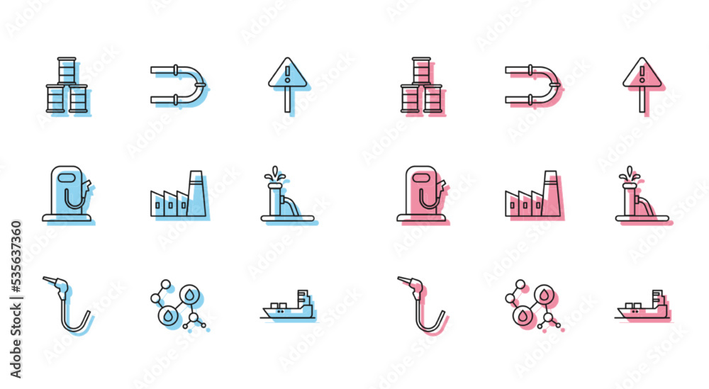 Set line Gasoline pump nozzle, Molecule oil, Barrel, Oil tanker ship, industrial factory building, jack, Petrol gas station and Industry pipe icon. Vector Set line Gasoline pump nozzle, Molecule oil, Barrel, Oil tanker ship, industrial factory building, jack, Petrol gas station and Industry pipe icon. Vector