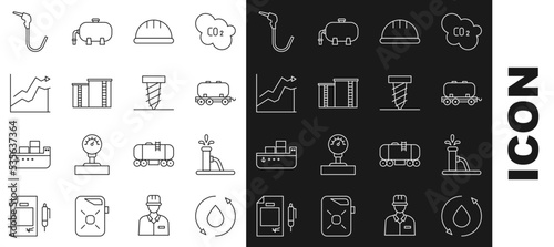 Set line Oil drop, pump or pump jack, railway cistern, Worker safety helmet, industrial factory building, price increase, Gasoline nozzle and Rotating drill digging hole icon. Vector