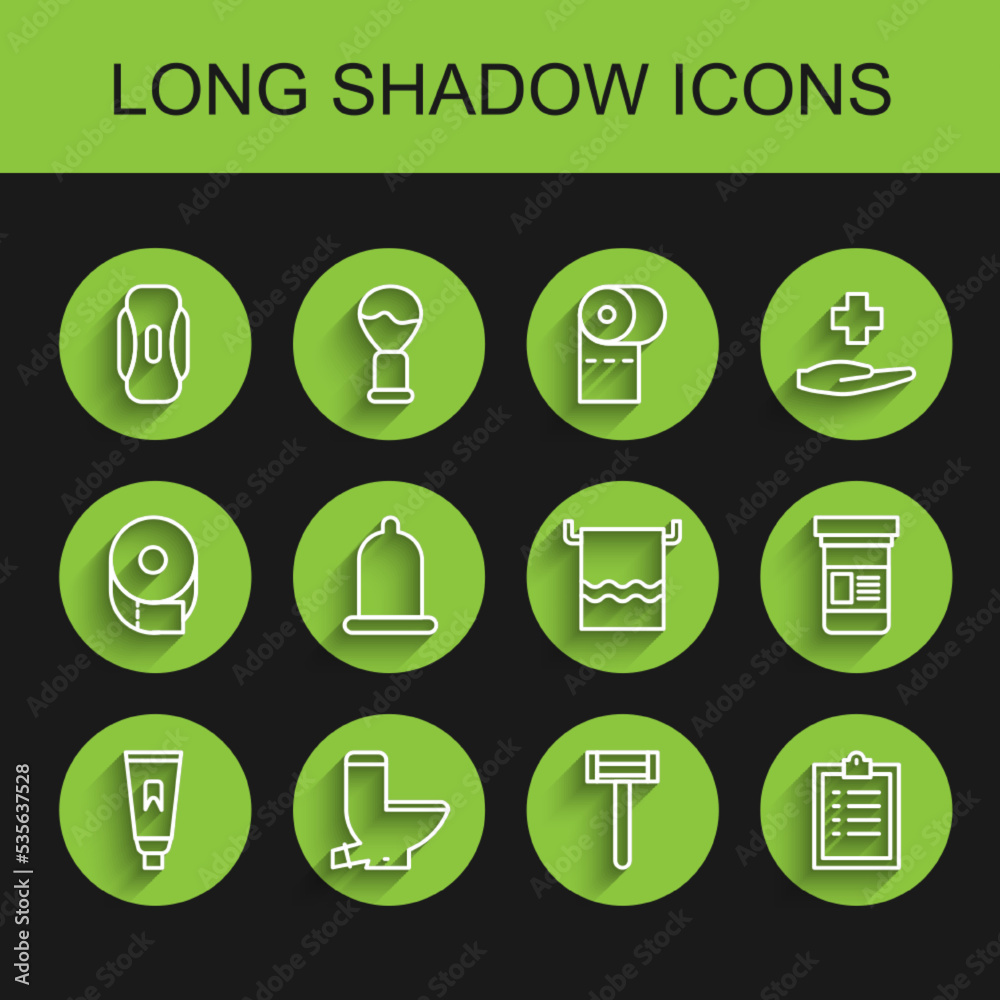 Set line Tube of toothpaste, Toilet bowl, Sanitary napkin, Shaving razor, Clipboard with checklist, Condom, Medicine bottle and Towel hanger icon. Vector Set line Tube of toothpaste, Toilet bowl, Sanitary napkin, Shaving razor, Clipboard with checklist, Condom, Medicine bottle and Towel hanger icon. Vector