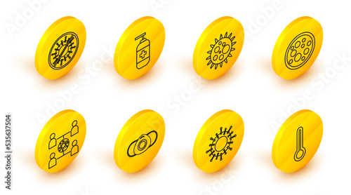 Set line Medical thermometer, Virus, protective mask, spread, Bottle of liquid antibacterial soap and Stop virus icon. Vector