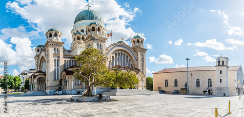 Agios Andreas the landmark church and the metropolis of Patras on a beautiful day with perfect sky color and few clouds, Achaia, Peloponnese, Greece photo