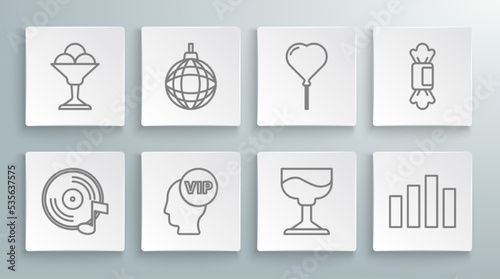Set line Vinyl disk, Disco ball, Vip inside head, Cocktail, Music equalizer, Balloon form of heart, Candy and Ice cream bowl icon. Vector