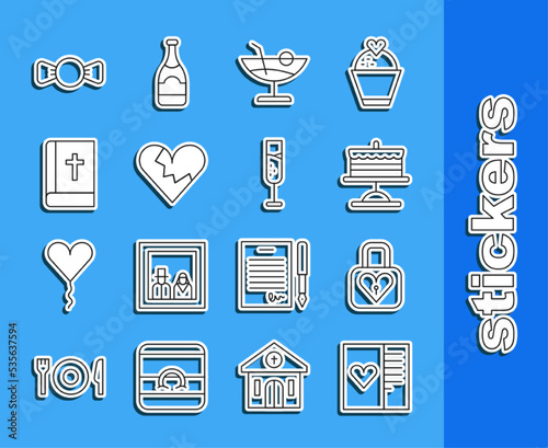 Set line Postcard with heart, Lock and, Cake on plate, Cocktail, Broken or divorce, Holy bible book, Bow tie and Glass of champagne icon. Vector