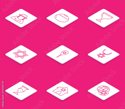 Set line Orthodox jewish hat, Jewish sweet bakery, goblet, Star of David, Balloon with star david, necklace chain, and synagogue icon. Vector