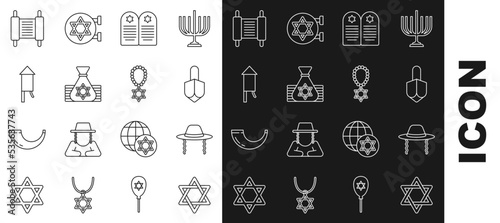 Set line Star of David, Orthodox jewish hat, Hanukkah dreidel, Tombstone with star david, Jewish money bag, Firework rocket, Torah scroll and necklace chain icon. Vector