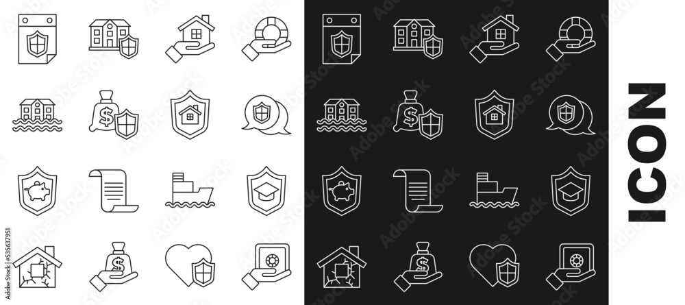 Set line Safe in hand, Graduation cap with shield, Location, House, Money, flood, Calendar and icon. Vector