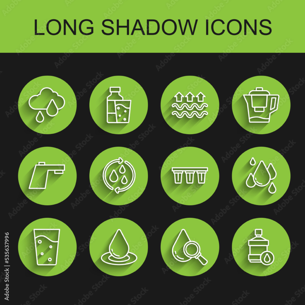 Set line Glass with water, Water drop, Cloud rain, Drop and magnifying glass, Big bottle clean, Recycle aqua, and filter icon. Vector Set line Glass with water, Water drop, Cloud rain, Drop and magnifying glass, Big bottle clean, Recycle aqua, and filter icon. Vector