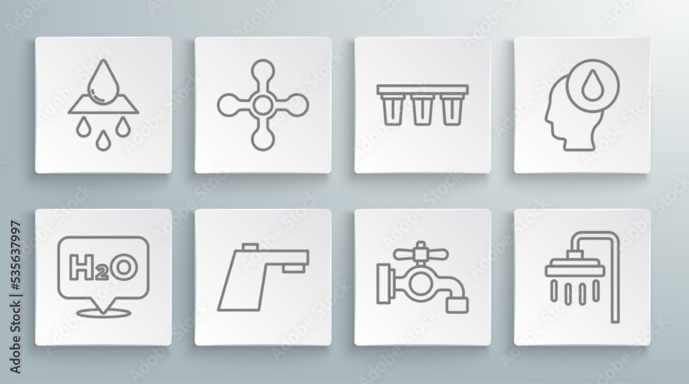 Set line Chemical formula for H2O, Water tap, Shower, filter, drop and Recycle clean aqua icon. Vector