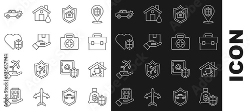 Set line Money with shield, House, Briefcase, Delivery insurance, Life, Car and First aid kit icon. Vector