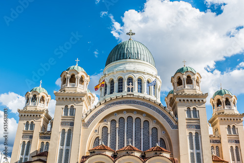 Agios Andreas the landmark church and the metropolis of Patras on a beautiful day with perfect sky color and few clouds, Achaia, Peloponnese, Greece photo