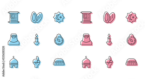 Set line Muslim Mosque, Hands in praying position, Holy book of Koran, hat for prayer, Burning candle, Qibla, woman niqab and Date fruit icon. Vector