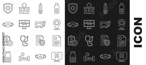 Set line Location hospital, Patient record, Syringe, Monitor with cardiogram, Medical protective mask, Life insurance and Ultrasound icon. Vector