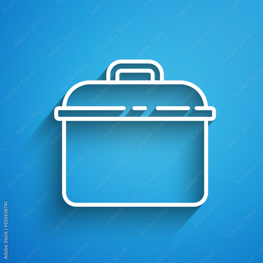 White line Cooking pot icon isolated on blue background. Boil or stew food symbol. Long shadow. Vector
