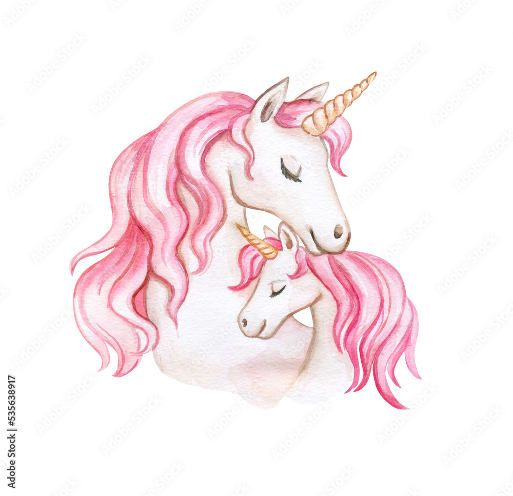 Unicorns mother and baby with pink mane isolated on white background. Watercolor, illustration. Template