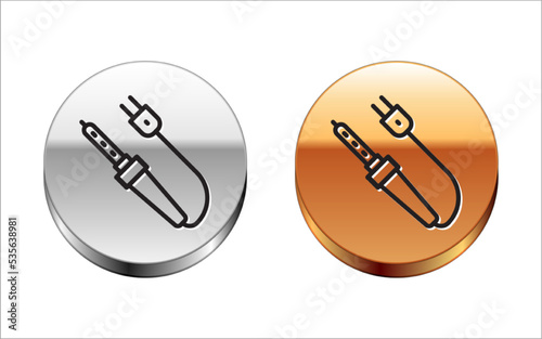 Black line Soldering iron icon isolated on white background. Silver-gold circle button. Vector