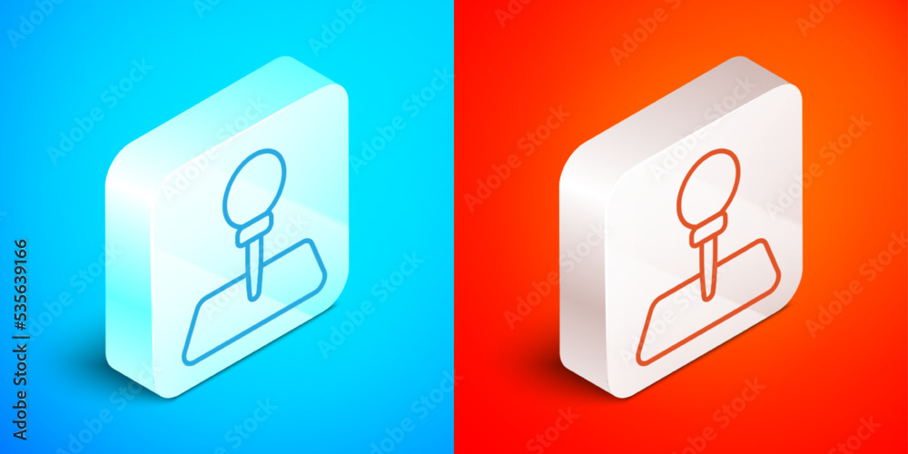 Isometric line Push pin icon isolated on blue and red background. Thumbtacks sign. Silver square button. Vector Isometric line Push pin icon isolated on blue and red background. Thumbtacks sign. Silver square button. Vector
