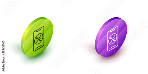 Isometric line Percent discount and mobile phone icon isolated on white background. Sale percentage - price label, tag. Green and purple circle buttons. Vector