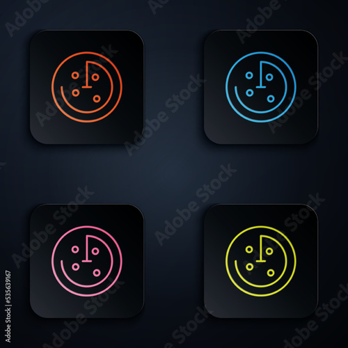 Color neon line Radar with targets on monitor in searching icon isolated on black background. Search system. Navy sonar. Set icons in square buttons. Vector