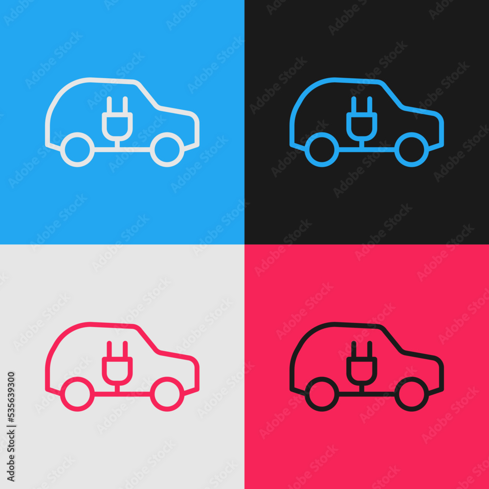 Pop art line Electric car and electrical cable plug charging icon isolated on color background. Renewable eco technologies. Vector Pop art line Electric car and electrical cable plug charging icon isolated on color background. Renewable eco technologies. Vector