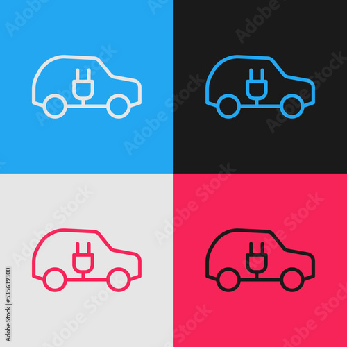 Pop art line Electric car and electrical cable plug charging icon isolated on color background. Renewable eco technologies. Vector