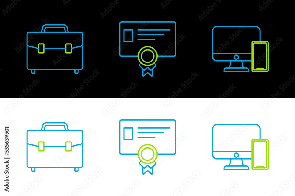 Set line Computer monitor and mobile phone, Briefcase and Certificate template icon. Vector Set line Computer monitor and mobile phone, Briefcase and Certificate template icon. Vector