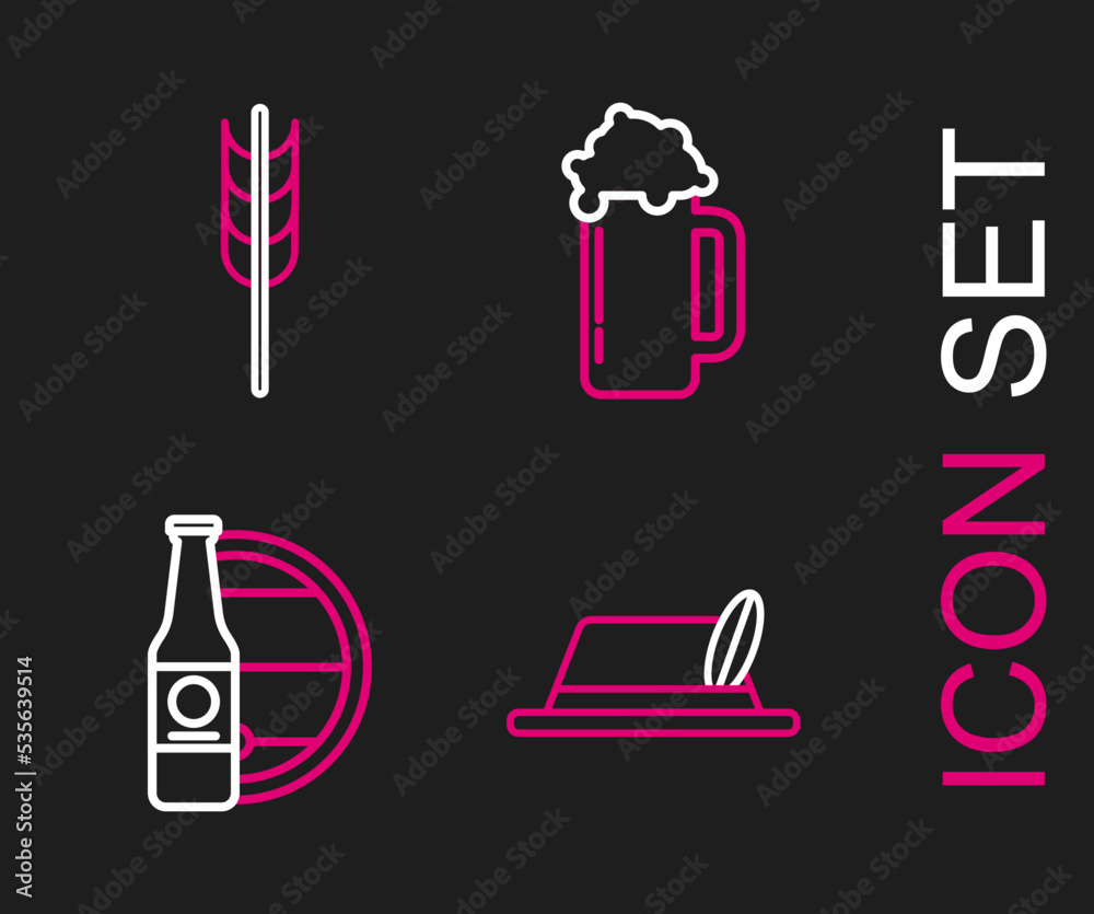 Set line Oktoberfest hat, Beer bottle and wooden barrel, Glass of beer and Cereals set with rice, wheat, corn, oats, rye, barley icon. Vector Set line Oktoberfest hat, Beer bottle and wooden barrel, Glass of beer and Cereals set with rice, wheat, corn, oats, rye, barley icon. Vector