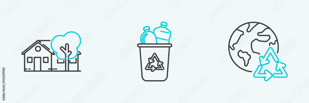 Set line Planet earth and a recycling, Eco friendly house and Recycle bin with recycle symbol icon. Vector Set line Planet earth and a recycling, Eco friendly house and Recycle bin with recycle symbol icon. Vector