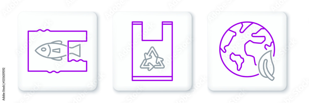 Set line Earth globe and leaf, Stop ocean plastic pollution and Plastic bag with recycle icon. Vector Set line Earth globe and leaf, Stop ocean plastic pollution and Plastic bag with recycle icon. Vector