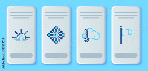 Set line Snowflake, Thermometer and cloud, Sunrise and Cone meteorology windsock wind vane icon. Vector